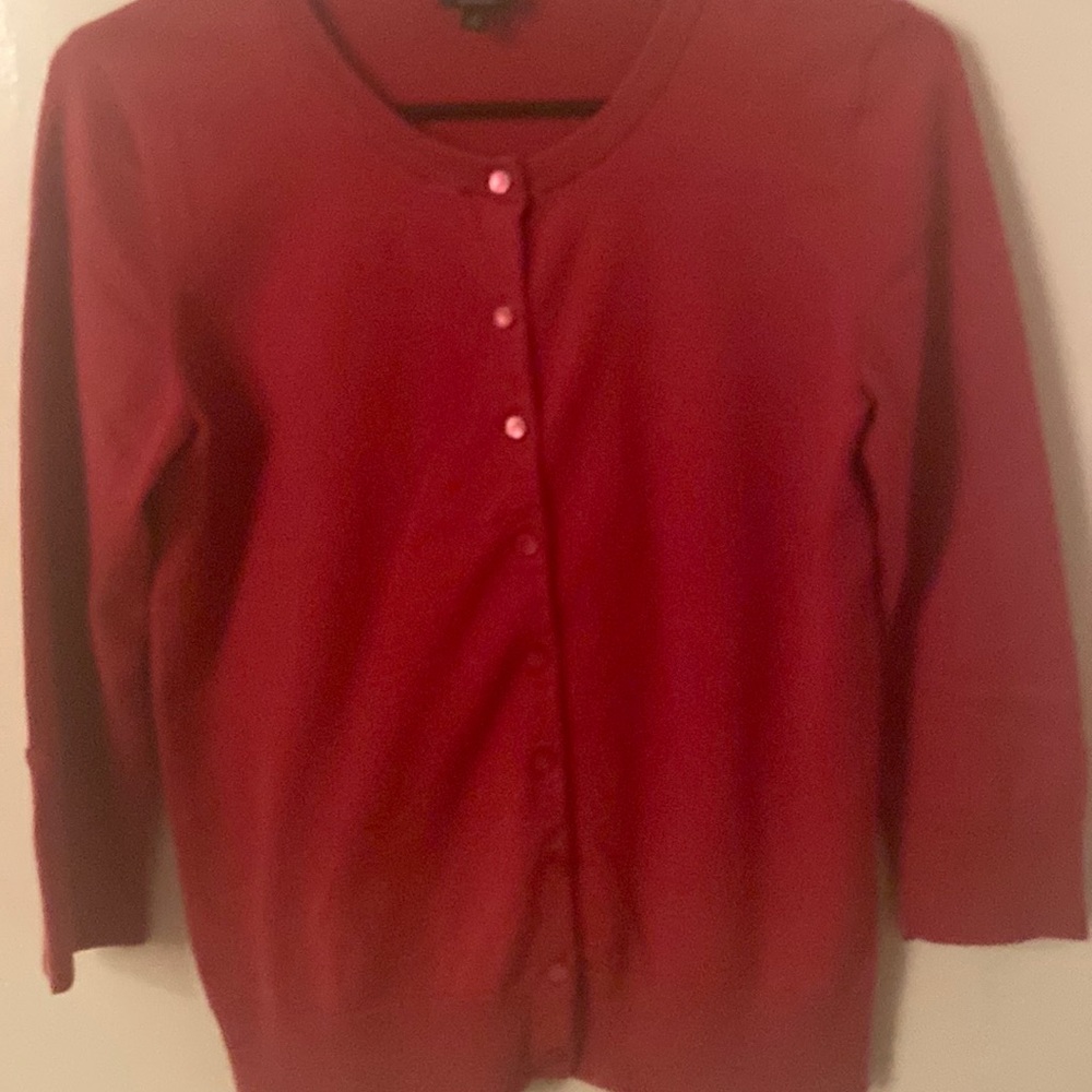 Talbots size small/petite Pima cotton button front burgundy cardigan.